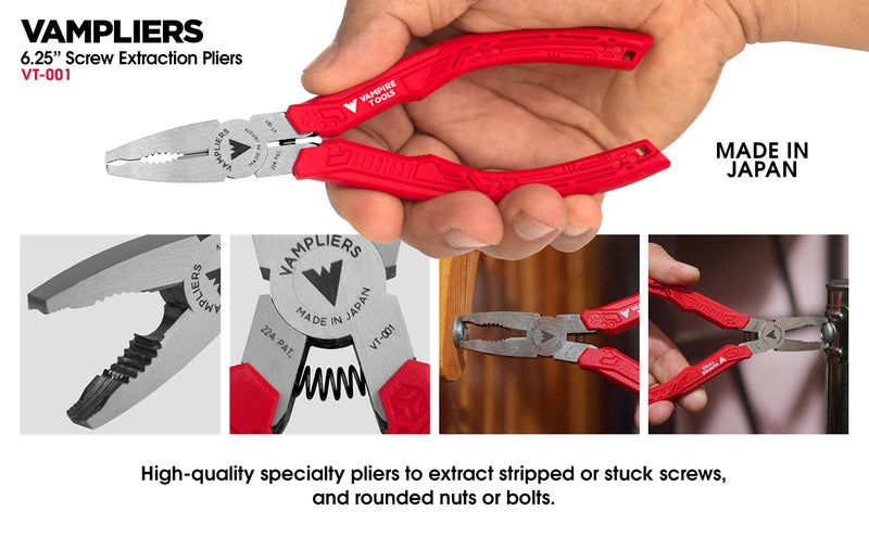 VAMPLIERS 4-PC Screw Extractor Pliers Set Made in Japan: 8" Linesman, 7.5" Long Nose, 6.25" Combination, 5" ESD Safe Mini Plier + Tool Pouch. Remove any Stripped/Damaged/Rusted Screws. - Image 4